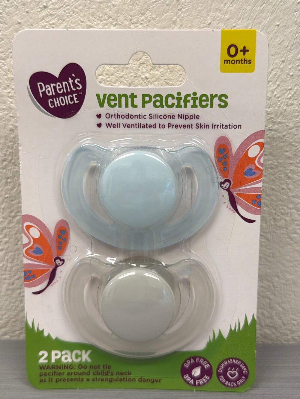 NEW Parent’s Choice Vent Pacifiers 0+ M Blue White Orthodontic Silicone Nipple
